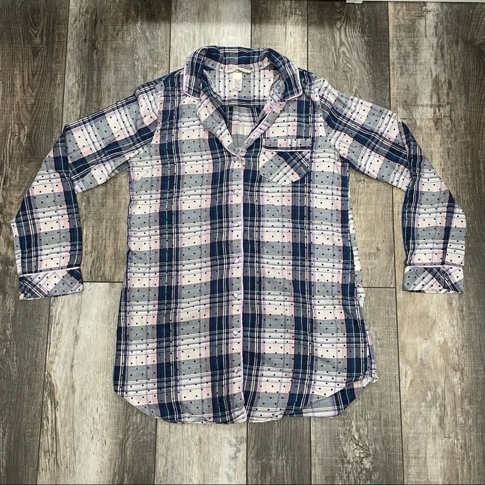 Victoria’s Secret Plaid Button Up Pajama Shirt Pink Lavender Blue Black Size XS